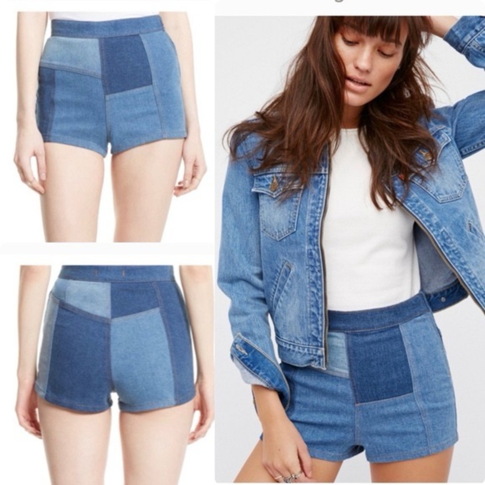 Free People Denim Patchwork High Waisted Shorts size 26